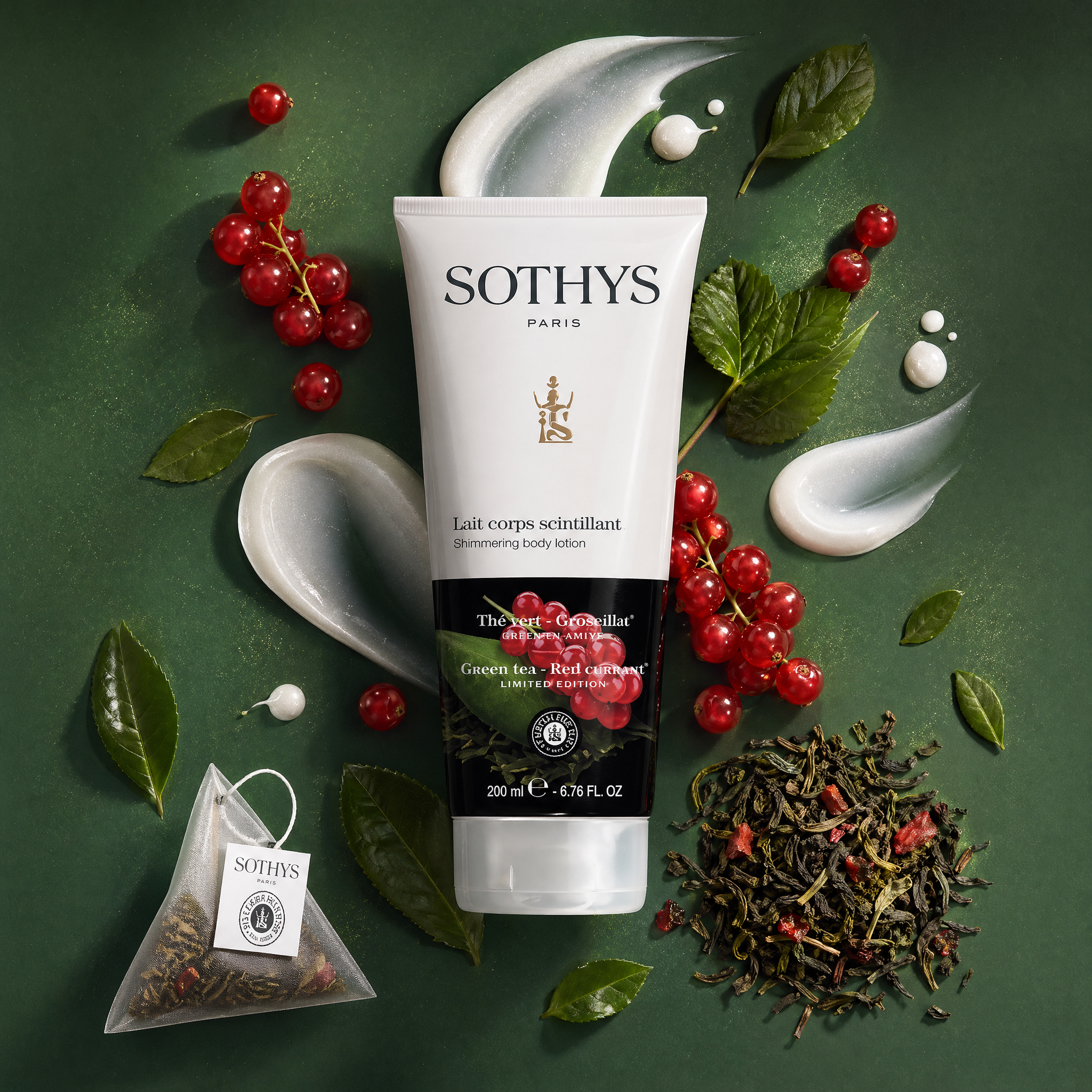 Połyskujący balsam do ciała Sothys Zielona Herbata i Czerwona Porzeczka 200 ml – balsam z efektem glow w otoczeniu liści herbaty i owoców porzeczki
