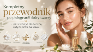 Pielęgnacja skóry twarzy krok po kroku – kobieta o promiennej cerze oraz kosmetyki do codziennej rutyny pielęgnacyjnej.